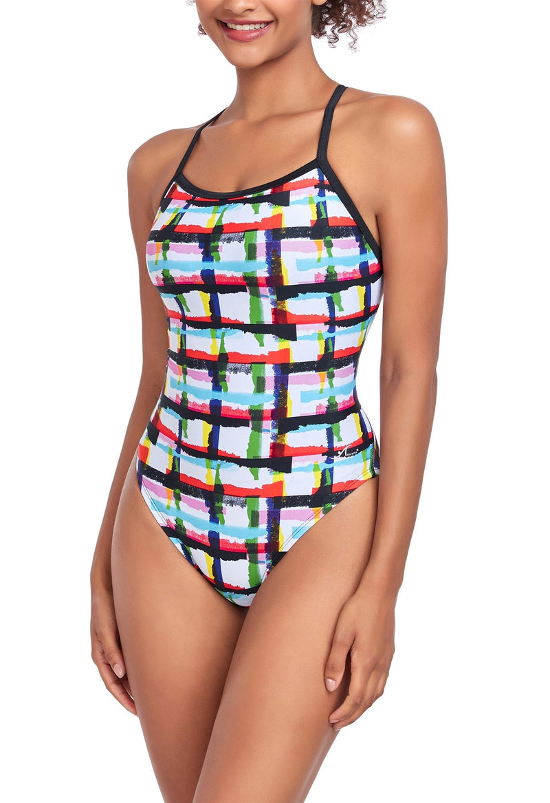 Adoretex New Women’s Printed Adjustable Thin Straps Athletic One Piece Swimsuit, with Removable Padded Bra for Youth and Adults (FN054) - Rainbow - XXS